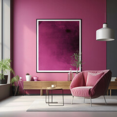 A closeup of a minimalist interior featuring a magenta wall with an empty poster frame. Trendy color of 2023 Viva Magenta.. AI generation.