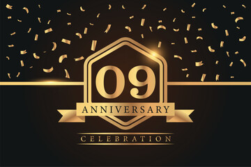 09th years anniversary celebration luxury golden logo design with gold color numbers font in shinny frame with gold abstract design on black background 