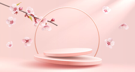 Podium romantic presentation, season banner beauty, sakura holiday event. Vector