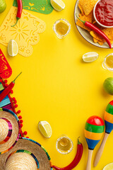 Cinco-de-mayo concept. Top view vertical photo of tequila nacho chips salsa sauce chilli lime sombrero striped serape garland maracas on isolated bright yellow background with copyspace in the middle