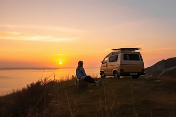 Fototapeta na wymiar A young man sits on a hill above the sea next to his van and watches the sunset. Generative AI
