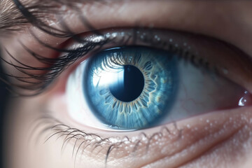 Close up of a beautiful human blue eye. Generative AI