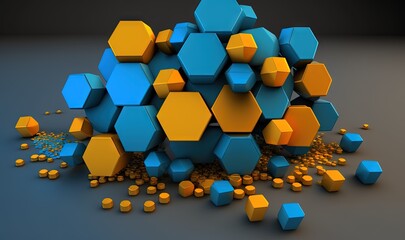  a pile of blue and yellow cubes sitting on top of a table next to a pile of gold nuggets on the floor.  generative ai