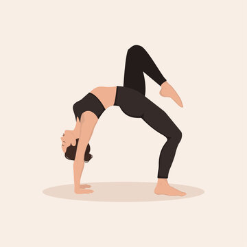 Picture of young woman performing physical exercises and demonstrating  yoga asana on light background. Colorful flat vector illustration.