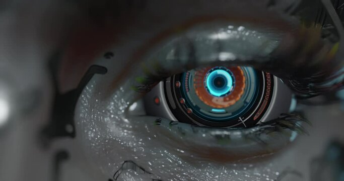 AI machine learning conceptual design, a female robot cyborg face, woke up, open digital eyes, intricate details that suggest a high level of technology, seamless loop