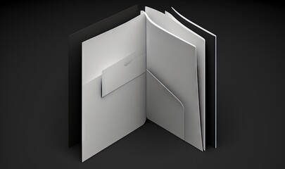  an open white folder with a notepad on it's side and a black background with a black corner and a white envelope with a white strip of paper.  generative ai