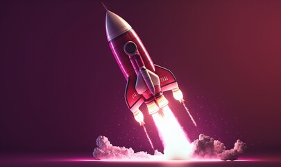  a red and white rocket taking off into the air with smoke coming out of it and a purple background with white clouds and stars around it.  generative ai