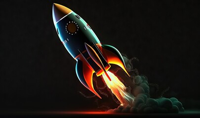  a colorful rocket launching into the air with smoke and steam coming out of it's sides and a black background with a red and blue tail.  generative ai