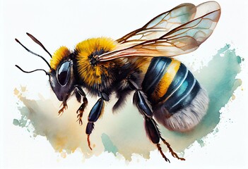 Watercolor Illustration of a A Stunning Bee Is Flying, Isolated On White Background With Shadows, Macro, Incredible Pollinator. Generative AI