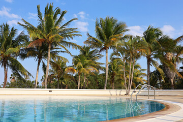 View to swimming pool and coconut palm trees. Vacation on beach resort on tropical island