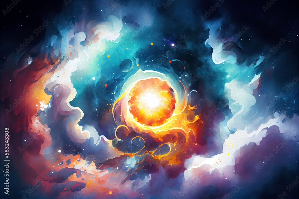 Wall mural watercolor illustration of a birth of a star in space during a nebula explosion. nuclear fusion of c