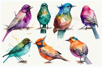 Fototapeta premium Watercolor Illustration of a Colorful Birds On A White Background. Generative AI