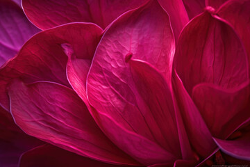 Intricate details of magenta petals illuminated in a close up. Trendy color of 2023 Viva Magenta.. AI generation.