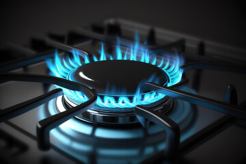 Closeup to the blue flames of a gas stove. Composite with different elements made with generative AI