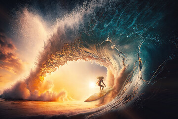 Woman surfing an incredible big wave. Composite with different elements made with generative AI