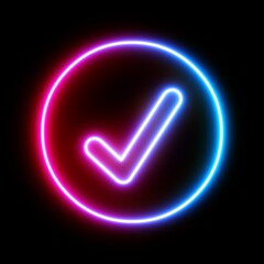 3d rendering UI Check Mark in circle icon with neon light isolated in black background