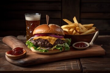 Cheeseburger mit Pommes Frites Ketchup und Bier
