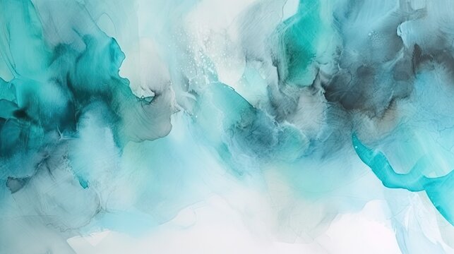 Un abstrait aquarelle minimaliste avec des couleurs aqua et un fond texturé en toile. © Lux Stock