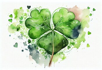 Watercolor Illustration of a Green Heart Shaped Clover For St PatrickS Day. Generative AI