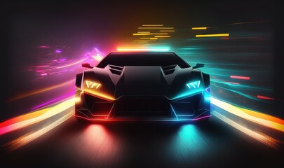 Plakat a car driving down a street with bright lights on it's side and a black car driving down a street with bright lights on it's side. generative ai