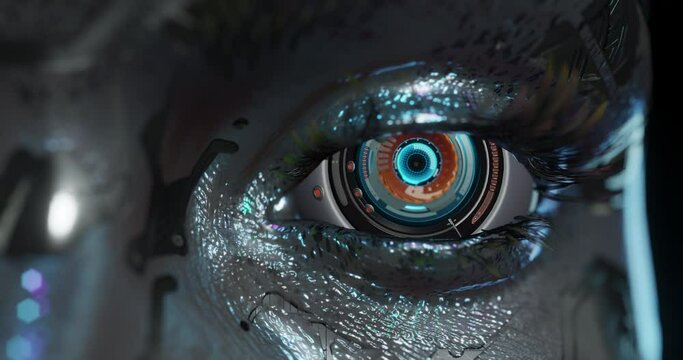 AI machine learning conceptual design, a female robot cyborg face, woke up, open digital eyes, intricate details that suggest a high level of technology, seamless loop