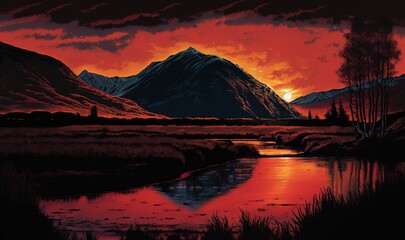  a painting of a sunset over a mountain range with a river in the foreground and trees in the foreground, and a red sky with clouds.  generative ai