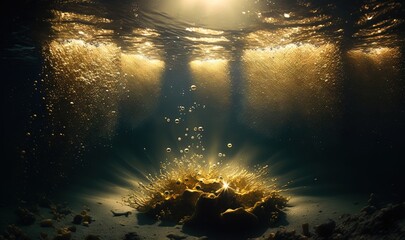  the sun shining through the water on the surface of the ocean floor, with a sea urchin in the foreground, and a light shining on the water surface.  generative ai