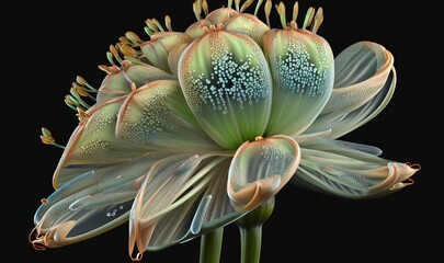  a close up of a flower with water droplets on it's petals and petals on it's petals, with a black background.  generative ai