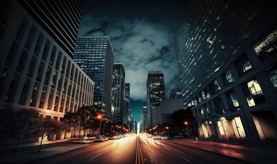  a city street at night with a lot of tall buildings on both sides of the street and cars on the road in the middle of the street.  generative ai