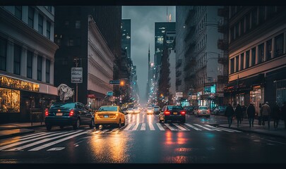  a busy city street at night with cars and people walking on the sidewalk and on the sidewalk with umbrellas on a rainy day in new york city.  generative ai