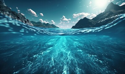  a blue ocean with a mountain in the distance and a bright sun in the sky above the water and below the water is a bright blue sky with white clouds.  generative ai