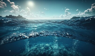  a view of the ocean from the surface of the water with a sun in the sky and clouds in the background, as seen from the surface of the ocean.  generative ai