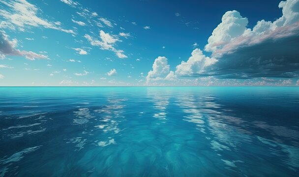  a large body of water under a cloudy blue sky with a few clouds in the sky and a few clouds in the water below it.  generative ai