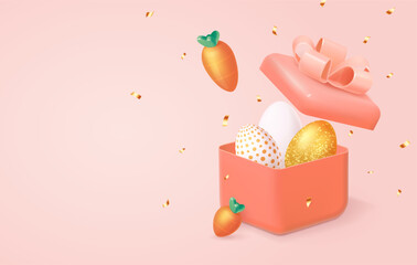 Happy Easter greeting card, 3d realistic gold and white painted eggs in orange gift box with carrots and confetti. Vector illustration EPS10.