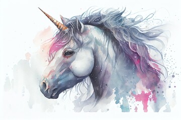 Obraz na płótnie Canvas Watercolor Illustration of a Portrait Of A Cute Beautiful Unicorn, Fantasy Background, Illustration. Generative AI