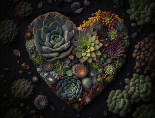 Obraz na płótnie Canvas Green heart made by various succulents Environmental protection concept created with Generative AI technology.