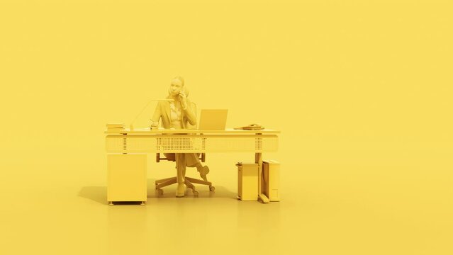 Man sitting at the desk on armchair  in front of camera. Busy office man at work plain monochrome pastel yellow background. Creative interior design in yellow studio with office desk and armchair.