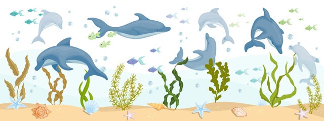 Set of aquatic mammals dolphins, flocks of small fish, seaweed and shells. Cartoon vector graphics.