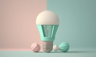  a light bulb and three other light bulbs on a blue and pink surface with a light pink wall in the background and a light blue and white one. generative ai