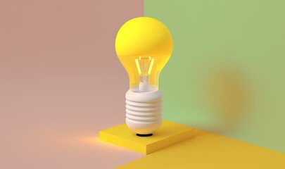  a yellow light bulb sitting on top of a yellow block of paper on a yellow surface with a green wall behind it and a pink and green wall behind it.  generative ai