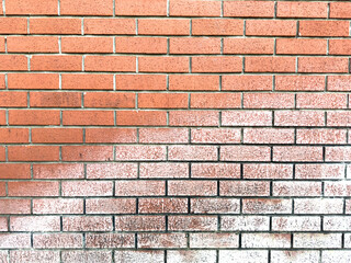 Orange old brick wall texture background with white stucco, front view.