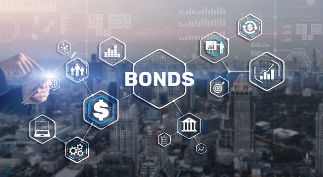 Businessman clicks a bonds virtual screen. Bond Finance Banking Technology concept. Trade Market Network