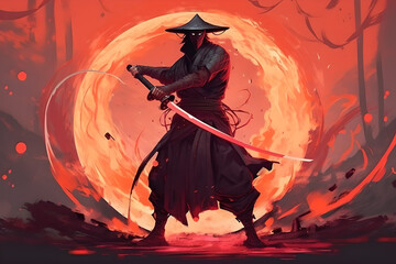 samuai with flames and red background (ai generated)