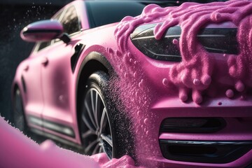 Car wash with pink foam. AI generated - obrazy, fototapety, plakaty