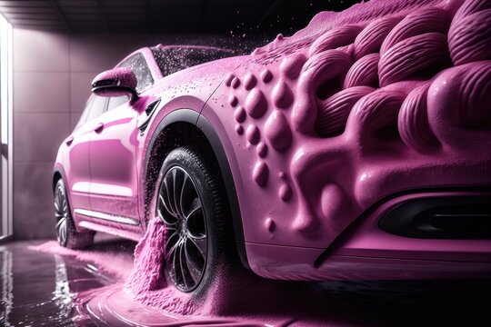 Car wash with pink foam. AI generated