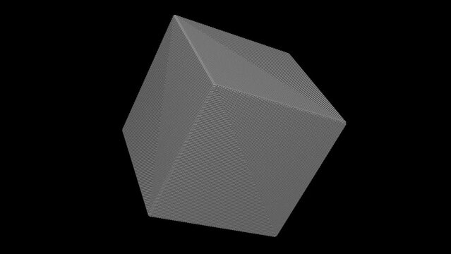 3D grey cube rotates on black backdrop. White cube consists of thousands of small balls. Science tutorial concept. Abstract backdrop for logo, title, presentation. 60 FPS 3D animation