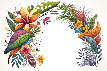 Cartoon tropical flowers and leaves pattern on isolated white background with empty space. Doodle exotic florals background