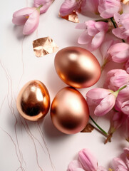 Golden Easter Eggs and Elegant Pink Flowers on a white marble background