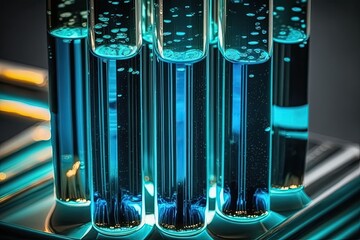 Glass test tubes with thick blue liquid with dark background. Scientific theme, soap and detergent testing. Generative AI