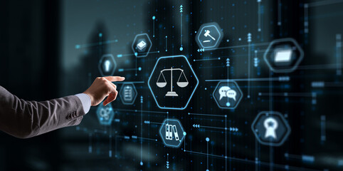 Justice and law concept. Lawyer businessman using digital technology law innovation interface